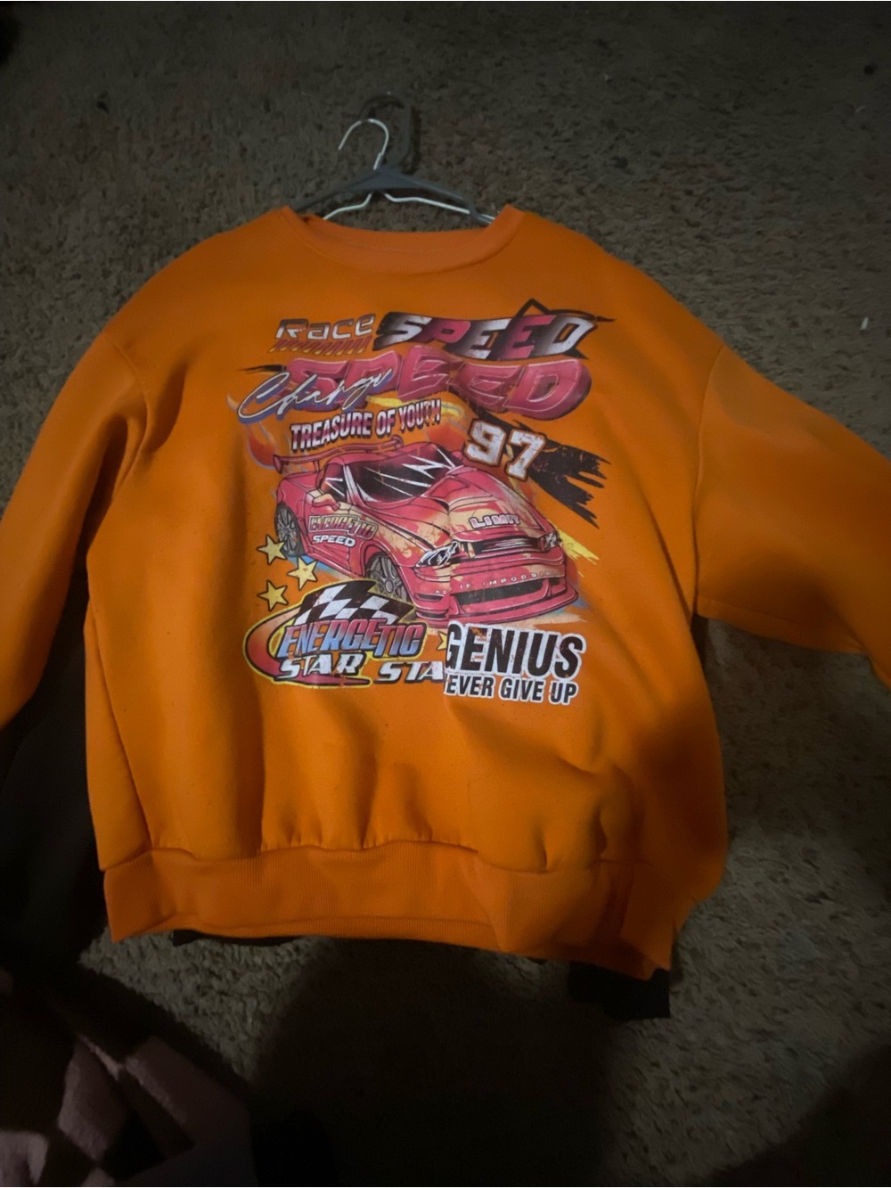 Orange Graphic Sweatshirt with Racing Car Print